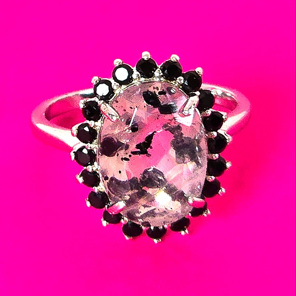 925 Sterling Silver Ring with Natural Tourmalated Rose Quartz & Black Spinel
